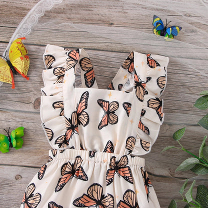 Newborn girl's summer outfit: sleeveless butterfly print bodysuit with cute shoulder ruffles