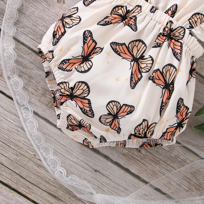 Adorable baby girl's polyester bodysuit with all-over butterfly print and sleeveless ruffle design