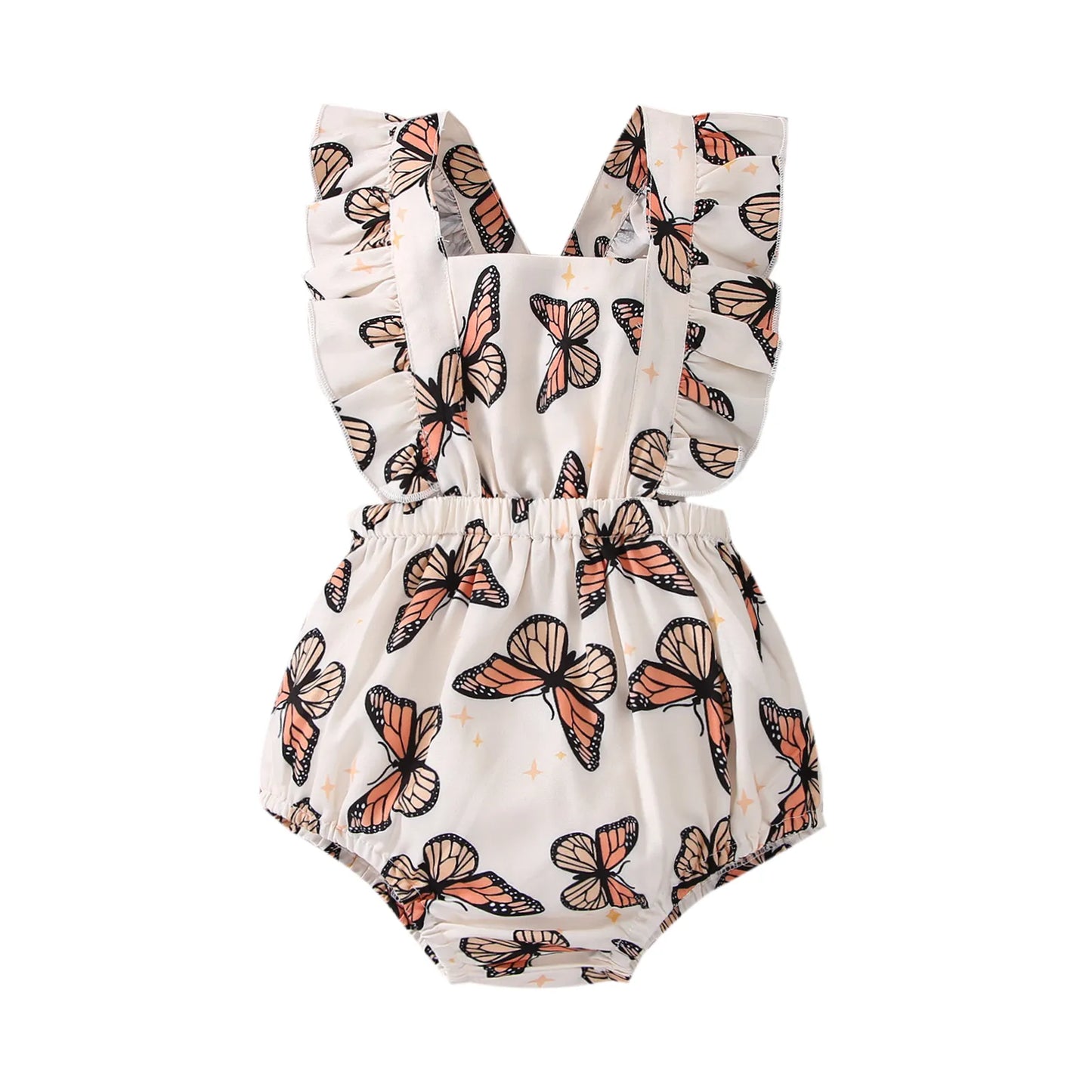 Summer-ready baby girl's flutter sleeve bodysuit, featuring colorful butterfly pattern and ruffles