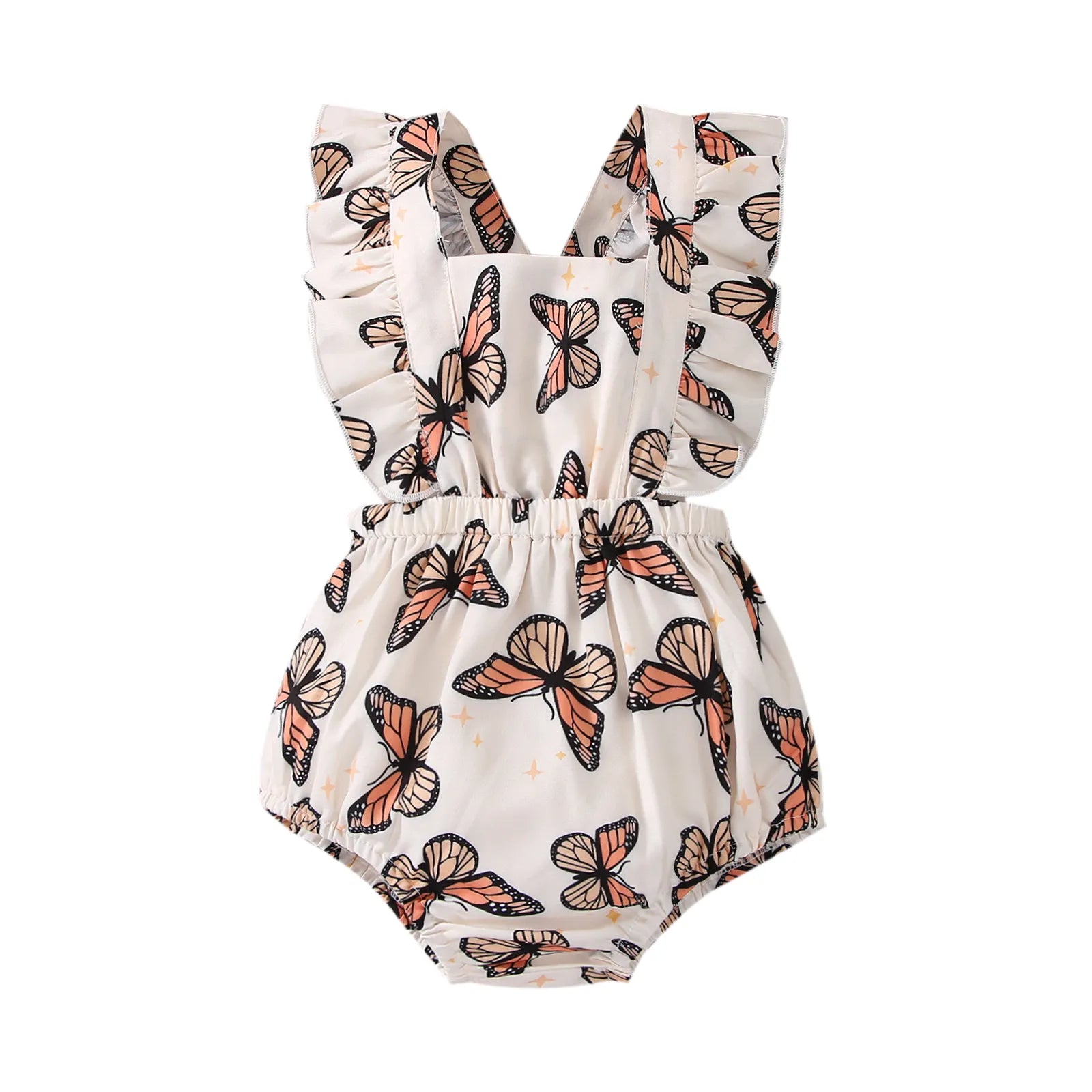 Summer-ready baby girl's flutter sleeve bodysuit, featuring colorful butterfly pattern and ruffles