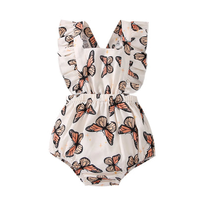 Summer-ready baby girl's flutter sleeve bodysuit, featuring colorful butterfly pattern and ruffles