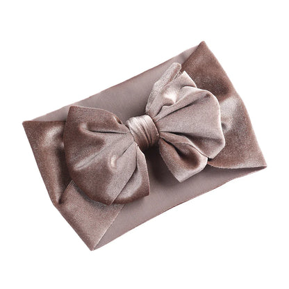 Soft velvet bow winter headband in a classic brown, for baby girls