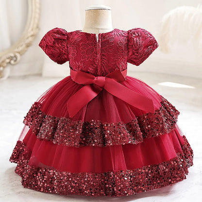 Close-up of glittery sequin bodice on a baby girl's festive tutu party dress