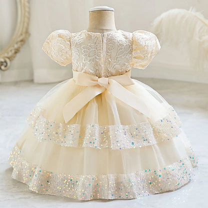 Full view of a baby girl's shiny sequin and soft tutu special occasion dress