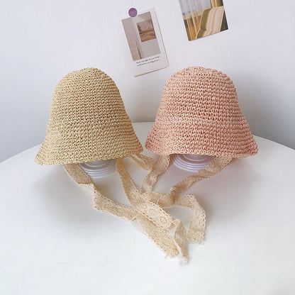 Baby girl's wide-brim straw hat with a dainty lace trim, suitable for sunny days and infant comfort.