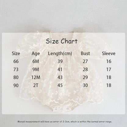 Delicate lace trim and floral embroidery on a white cotton baby girl's summer bodysuit.