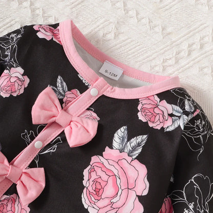 Two-piece baby girl outfit: a pretty floral print romper paired with a matching bowknot headband.