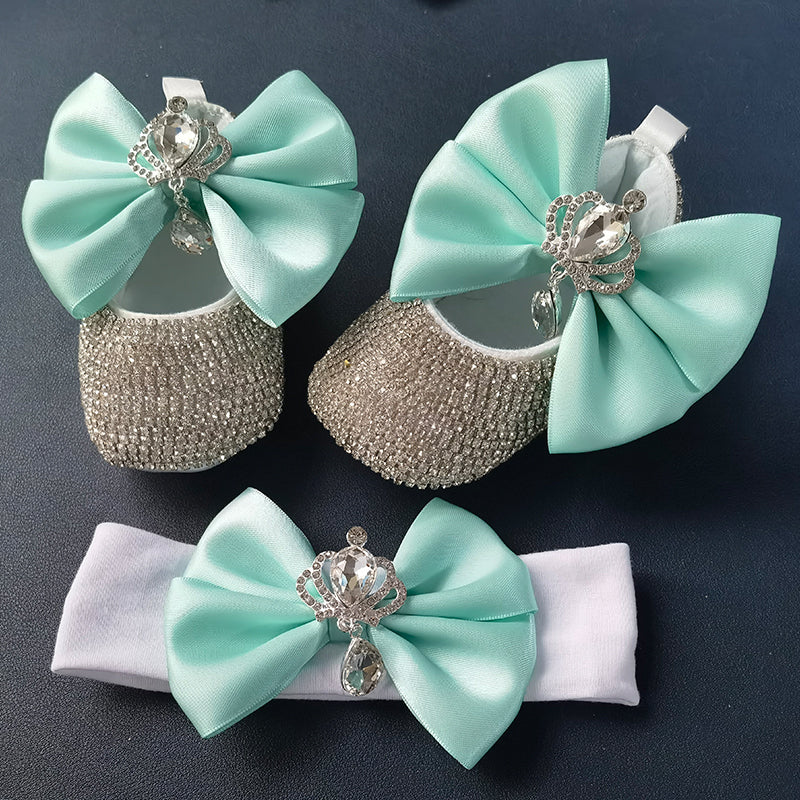 Cotton baby girl first walker shoes decorated with pearls and ribbons, bundled with a matching pacifier.
