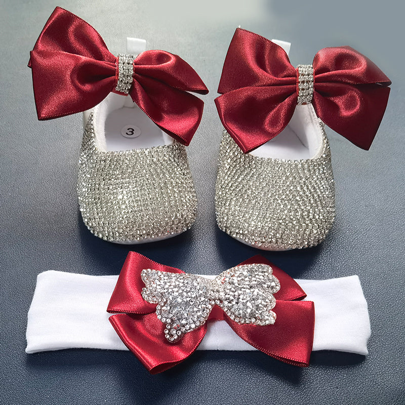 Handmade infant footwear and accessory set: pearl ribbon first walker shoes for baby girls and pacifier.