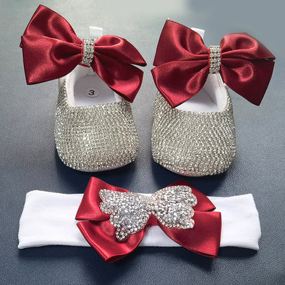 Handmade infant footwear and accessory set: pearl ribbon first walker shoes for baby girls and pacifier.