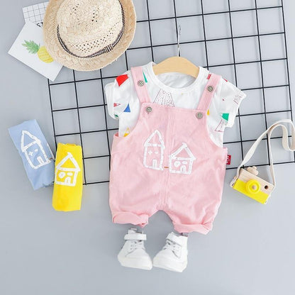 Baby girl's white t-shirt and pink house print jumpsuit set, soft cotton blend for toddlers