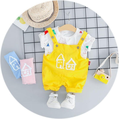 Toddler girl's two-piece outfit with short-sleeve tee and cute house print jumpsuit, summer wear