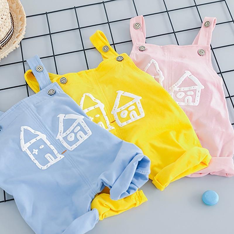 Newborn girl's play clothes set: 'Our House' graphic t-shirt and patterned pink jumpsuit