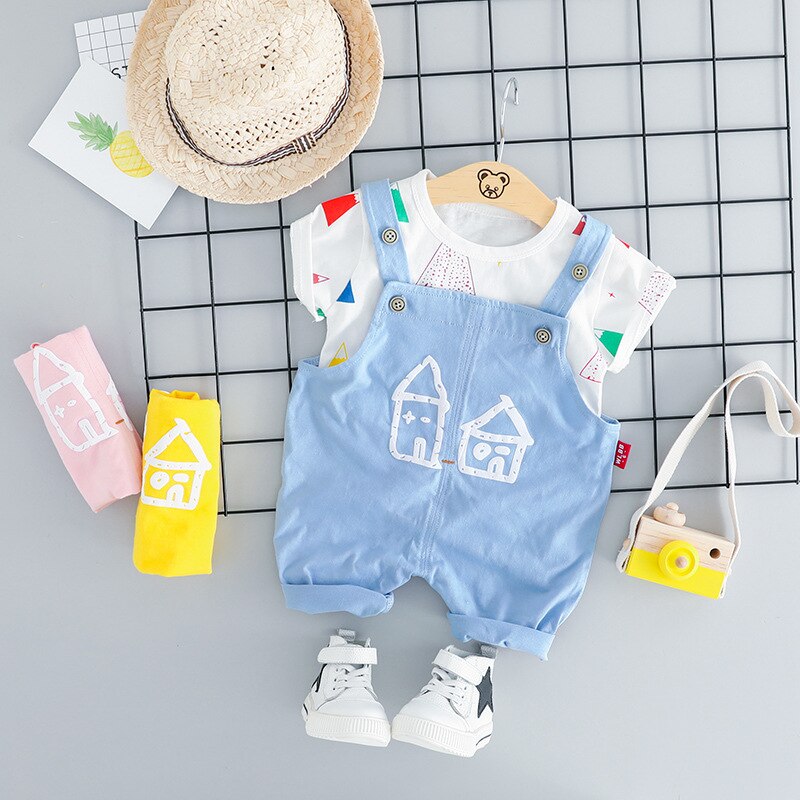 Cute baby gift: two-piece girls' clothing set featuring white tee and house print summer jumpsuit