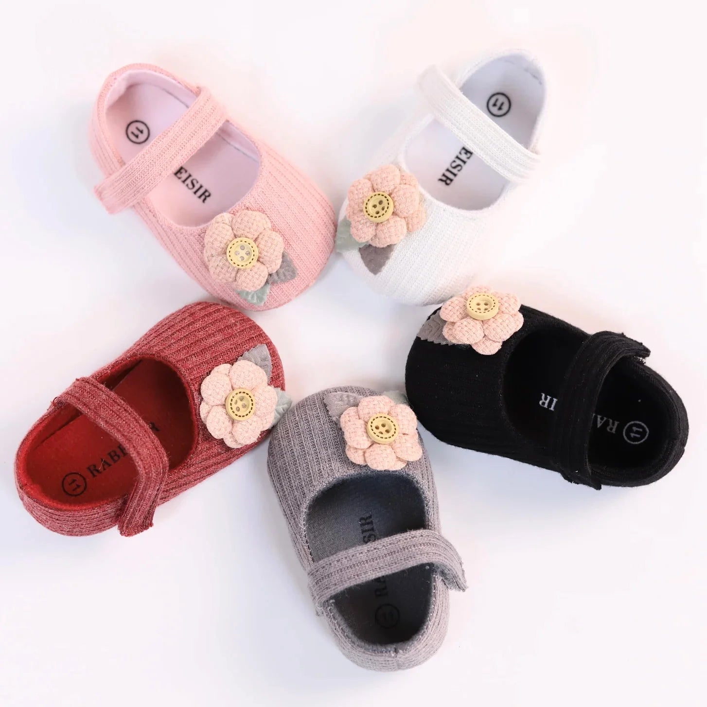 Baby girl soft sole princess walking shoes, knitted, pink flower detail, infant first walker footwear