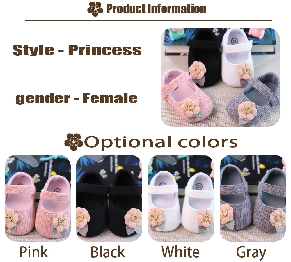 Infant girl soft sole walking shoes, princess fashion, knitted pink with flower detail