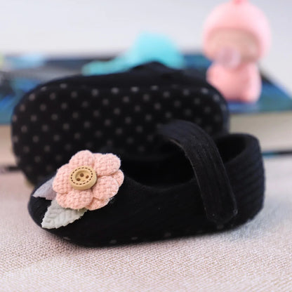 Baby girl soft sole walking shoes, knitted princess design, flower embellishment, toddler footwear