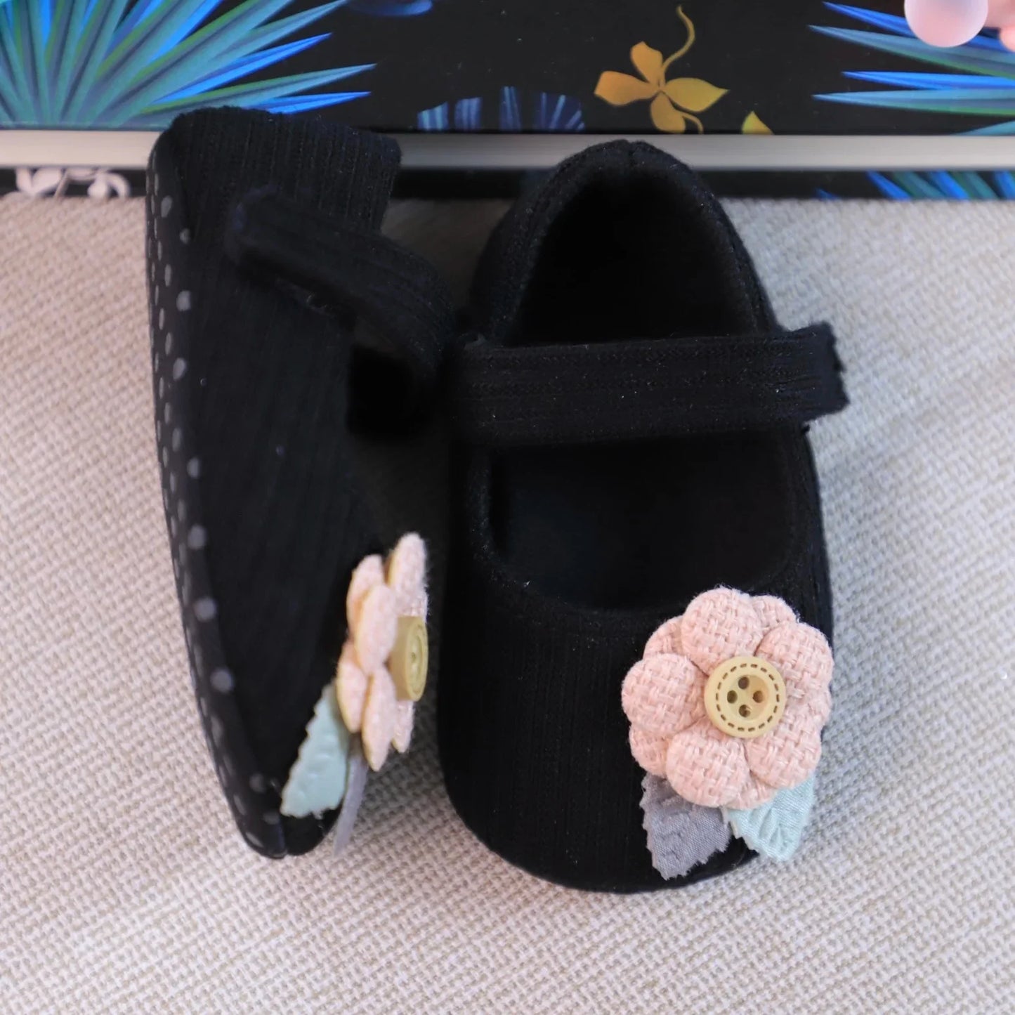 Pink knitted baby girl soft sole princess shoes, flower accent, ideal first walker footwear