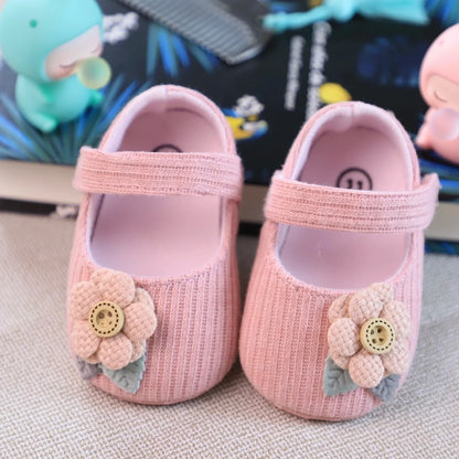 First walker baby girl soft sole shoes, knitted princess design, flower detail, infant footwear