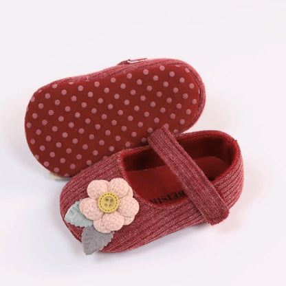 Baby girl soft sole first walker shoes, princess style, knitted with floral embellishment