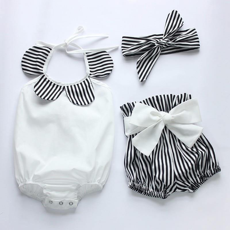 Baby girl striped halter romper & matching headband set in soft cotton blend, perfect monochrome summer outfit.