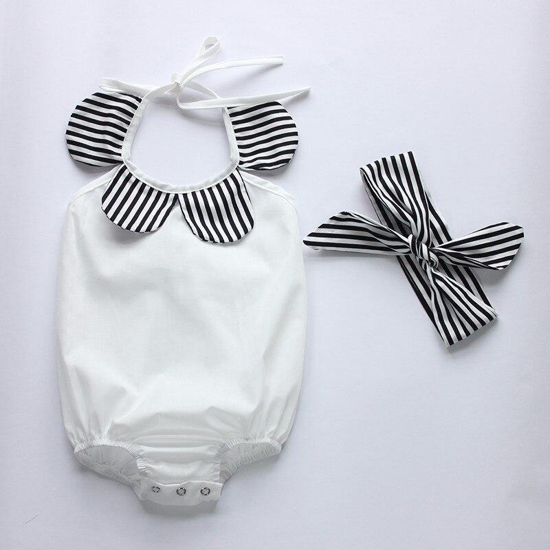 Toddler girl's fashionable striped romper with halter neck and bow headband, a cute baby gift clothing set.