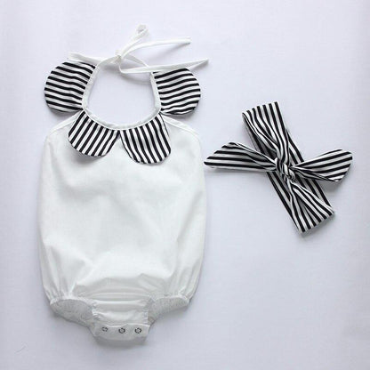 Toddler girl's fashionable striped romper with halter neck and bow headband, a cute baby gift clothing set.