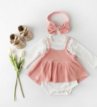 Baby girl striped romper dress & matching headband set, soft cotton infant outfit