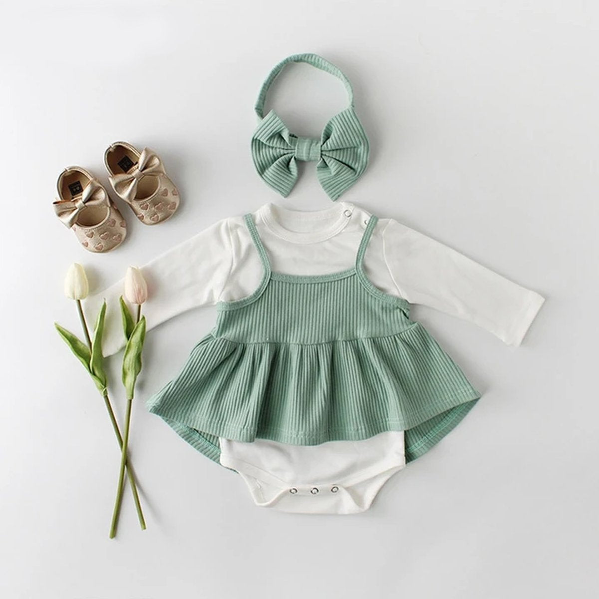 Striped cotton romper dress for baby girls aged 0-24 months with a coordinating headband