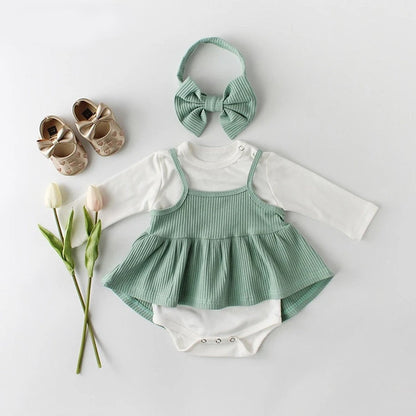 Striped cotton romper dress for baby girls aged 0-24 months with a coordinating headband