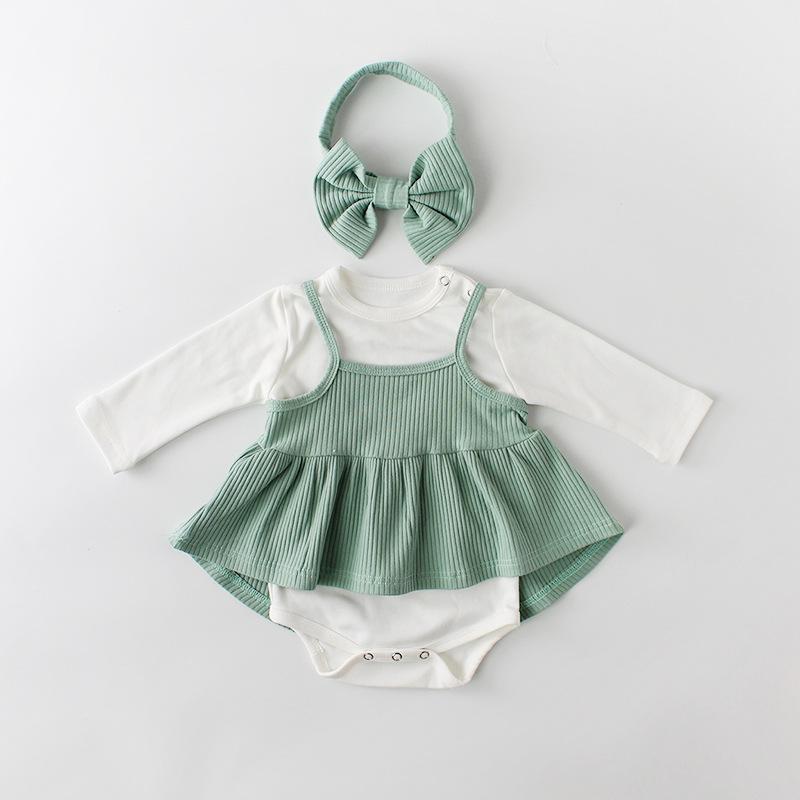 Striped romper dress for baby girls, complete with a gentle matching headband for comfort
