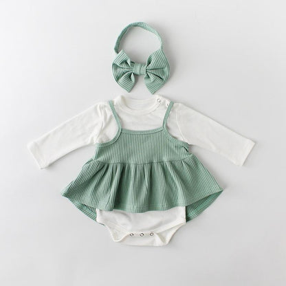 Striped romper dress for baby girls, complete with a gentle matching headband for comfort