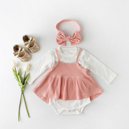 Baby girl's white and pink striped romper dress outfit, perfect for spring, includes headband