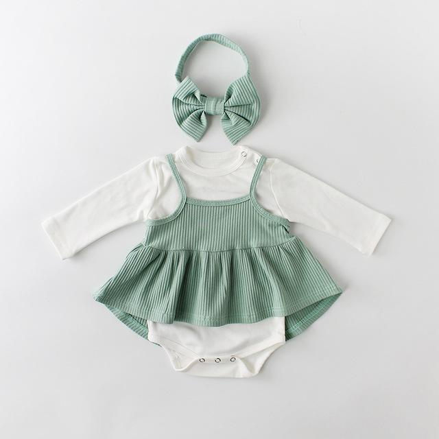 Sweet baby outfit: striped short-sleeve romper dress and adorable bow headband for girls