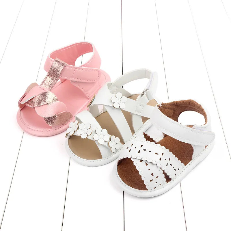 Baby girl summer sandals with soft pink PU sole, hook and loop closure, for newborns and infants.