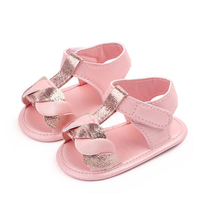 Infant girl summer sandals, soft pink PU sole, easy hook and loop closure for baby fashion.