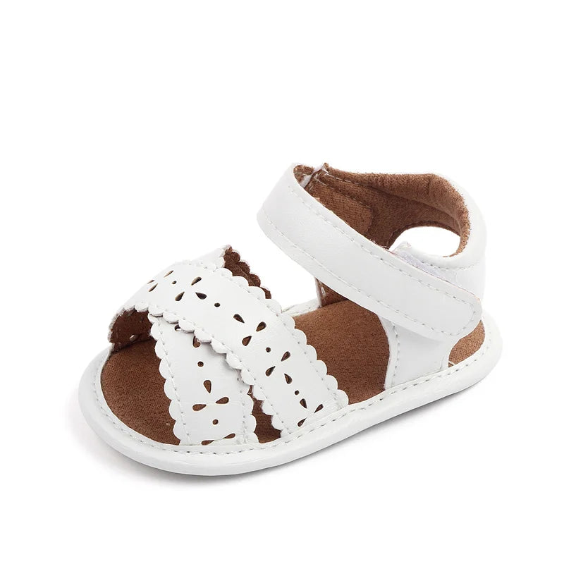Elegant pink baby girl summer sandals, soft PU sole and practical hook and loop design.