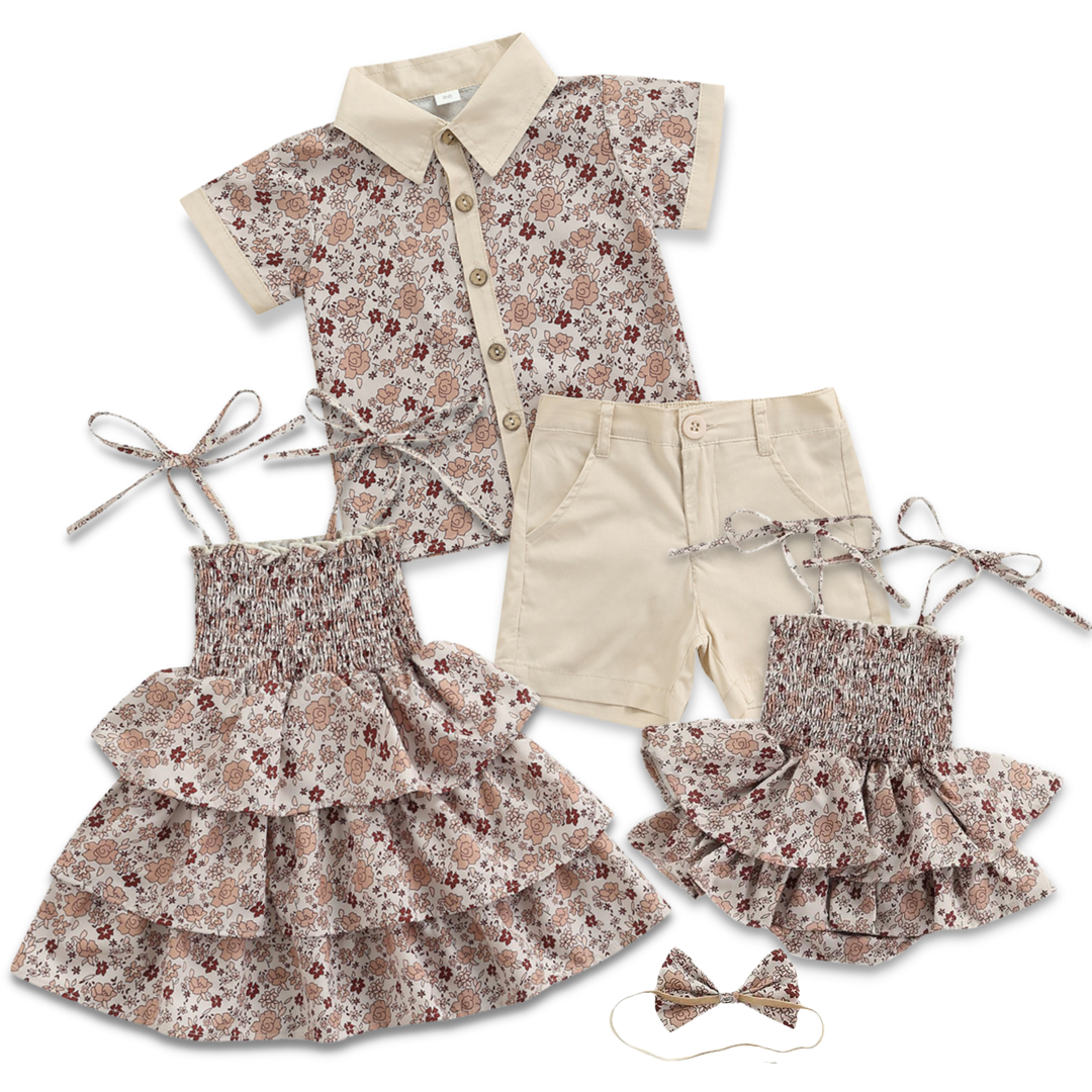 Baby girl & toddler boy matching floral outfits, romper for baby and top & pants for toddler, summer fun