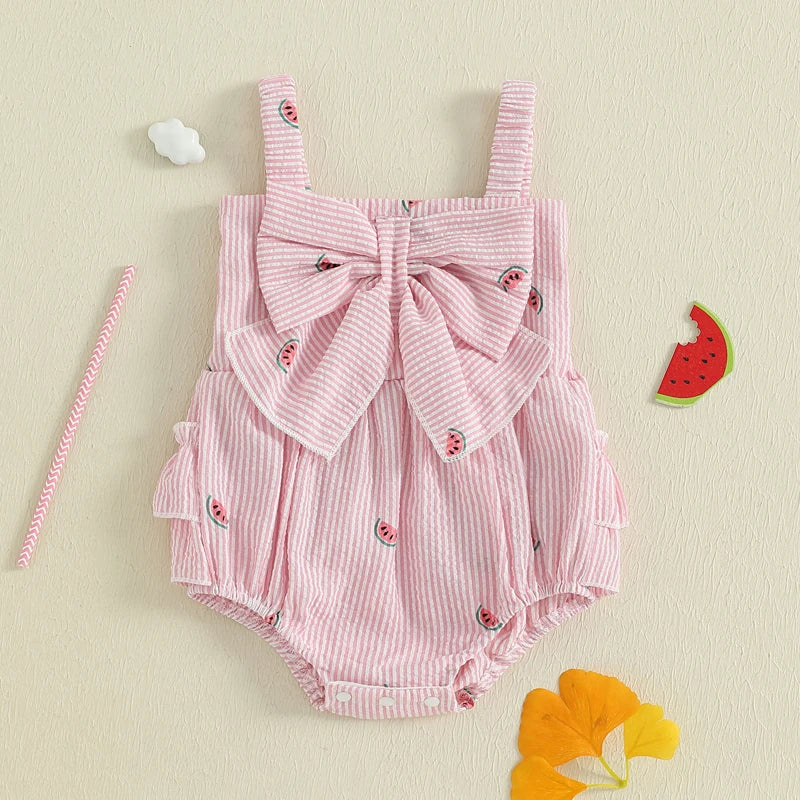 Baby girl watermelon print sleeveless romper with pink and white stripes, perfect for summer.