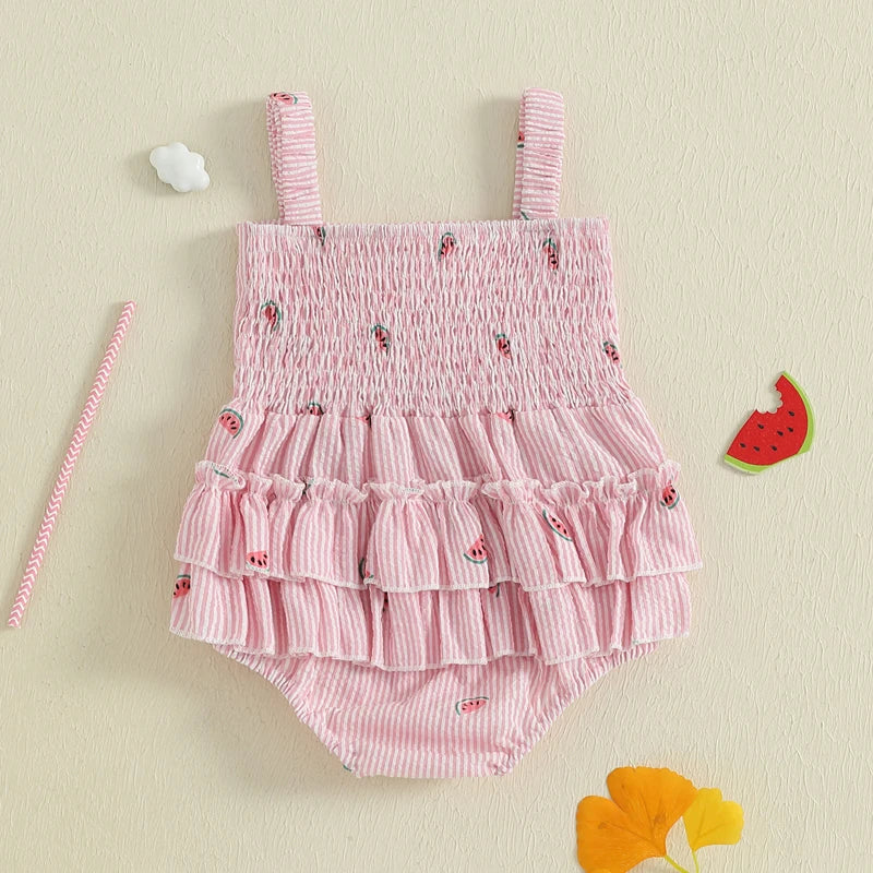 Infant girl's pink striped jumpsuit featuring a cute watermelon pattern and bow detail.