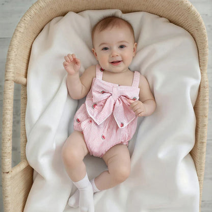 Comfortable baby girl watermelon romper, sleeveless, ideal summer outfit with bow.