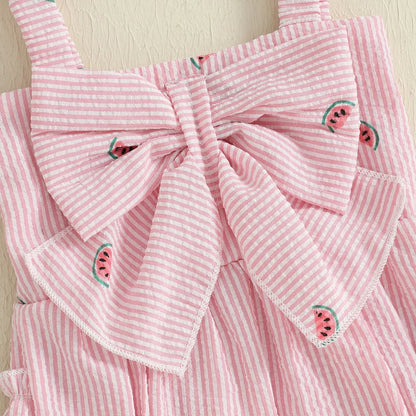 Close-up of baby girl's watermelon print on a pink and white striped sleeveless romper.
