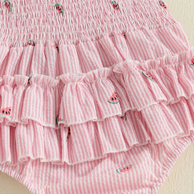 Adorable baby girl summer outfit: sleeveless striped jumpsuit with a fun watermelon design.