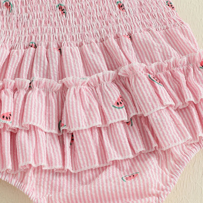 Adorable baby girl summer outfit: sleeveless striped jumpsuit with a fun watermelon design.