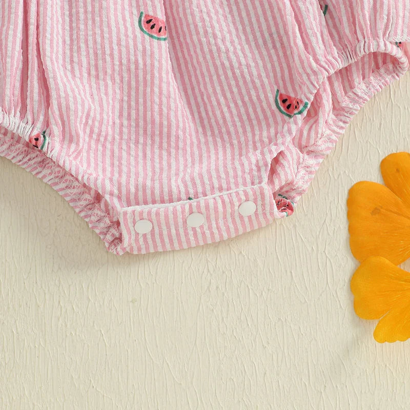 Pink and white striped baby romper for girls, showcasing a playful watermelon motif.