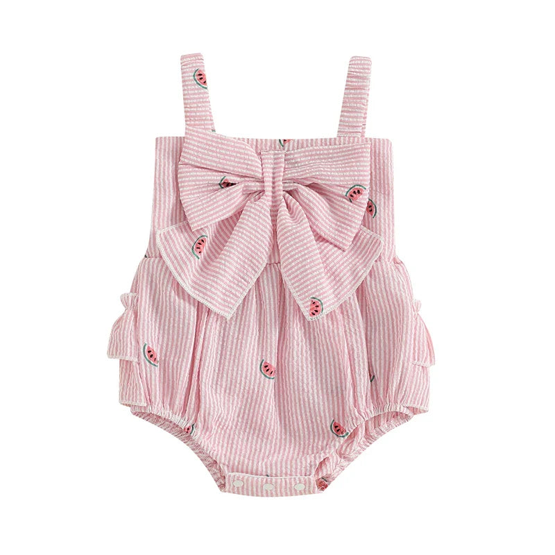 Toddler girl sleeveless romper in pink stripes with a sweet watermelon print, comfortable wear.
