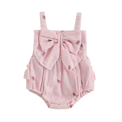 Toddler girl sleeveless romper in pink stripes with a sweet watermelon print, comfortable wear.