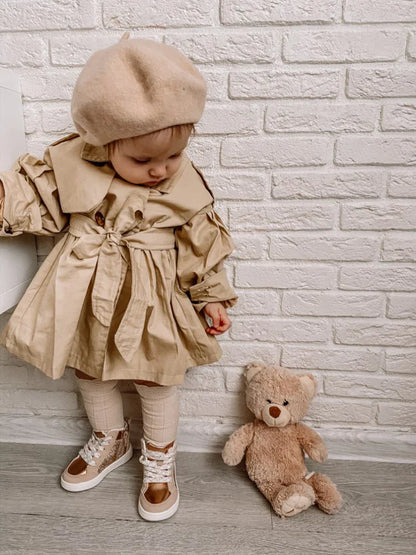 Cute autumn outerwear: baby girl's cotton trench coat with belt detail, comfortable.