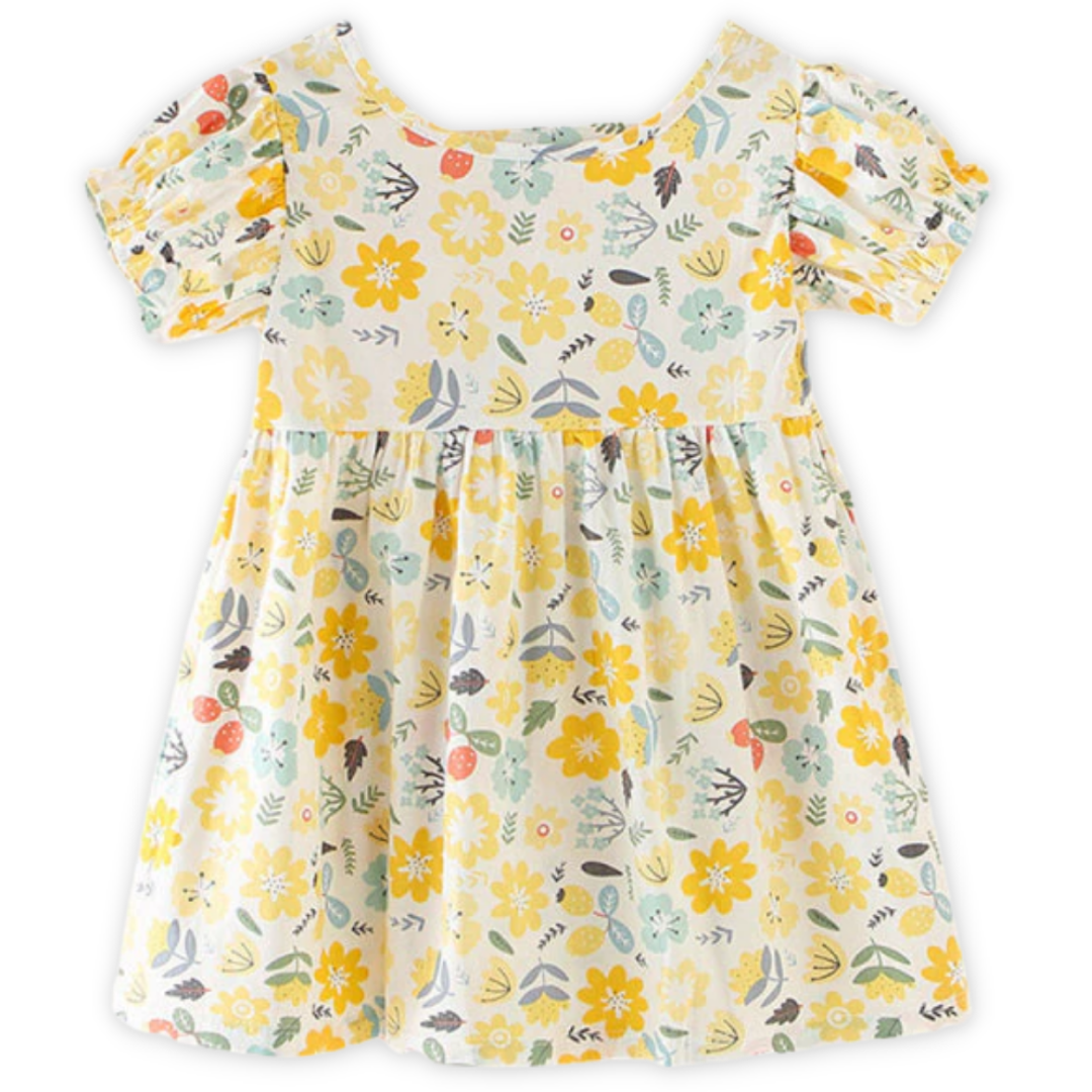 Girls sundress featuring a vibrant nature pattern and stylish puff sleeves, side view.