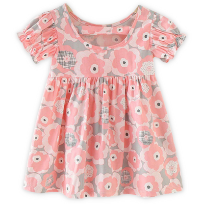 Back view of a baby girl's puff sleeve sundress with a cheerful nature print.